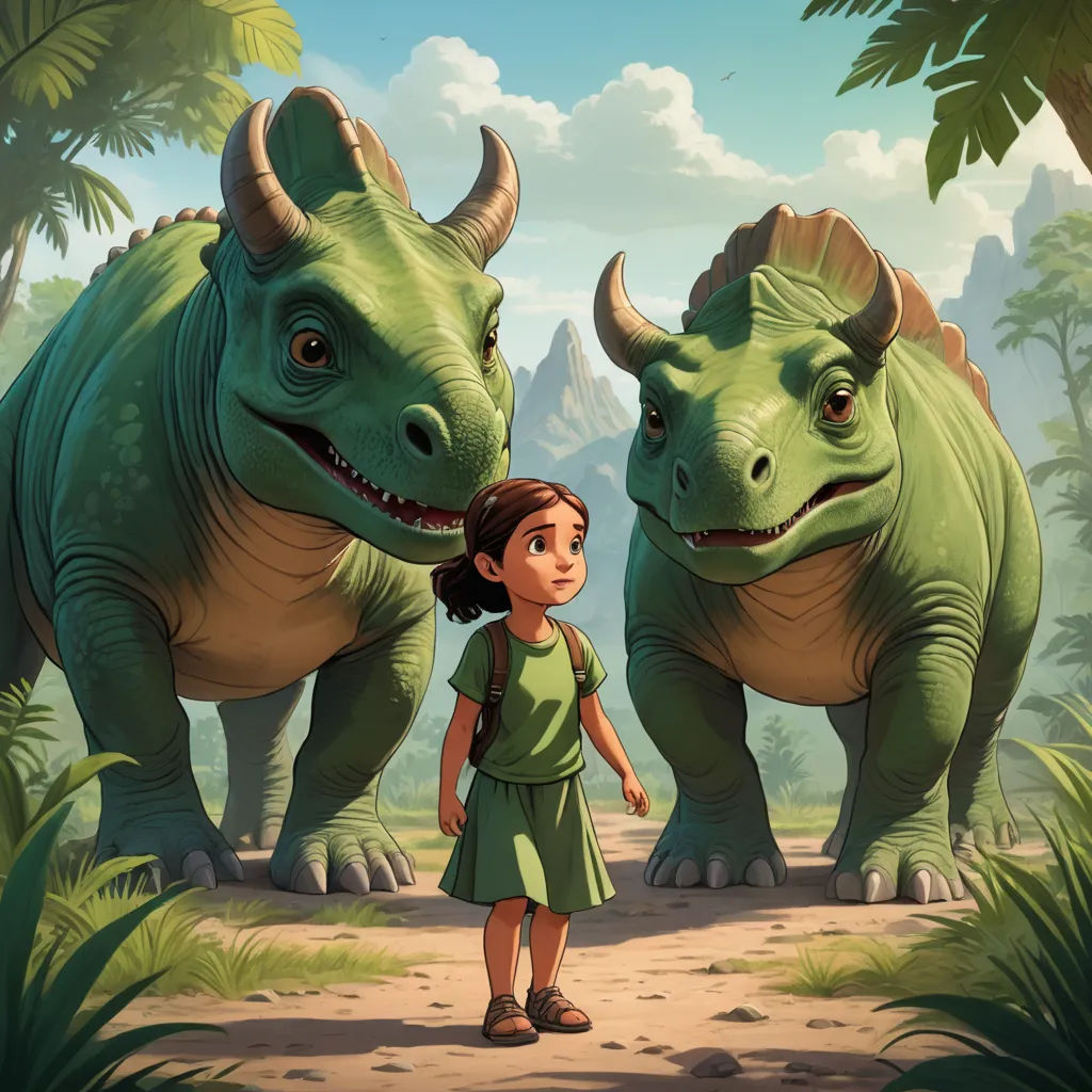 a girl standing next to two dinosaurs in a jungle area with mountains in the background and a woman standing next to them, lyco art, a storybook illustration, Adam Rex, rossdraws global illumination
