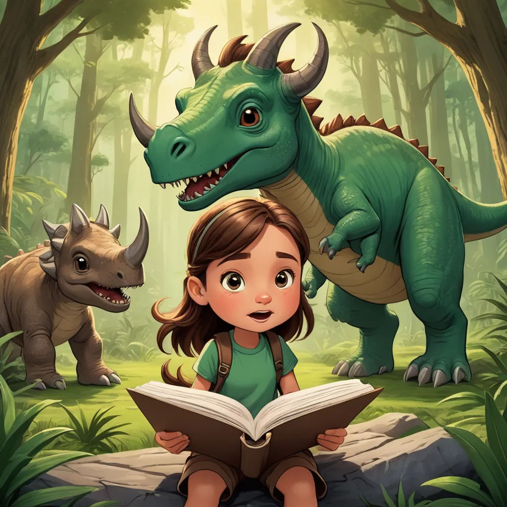 a girl reading a book in the forest with a dinosaur and a trilops behind her illustration by alex krawc, fantasy art, a storybook illustration, Adam Rex, storybook illustration