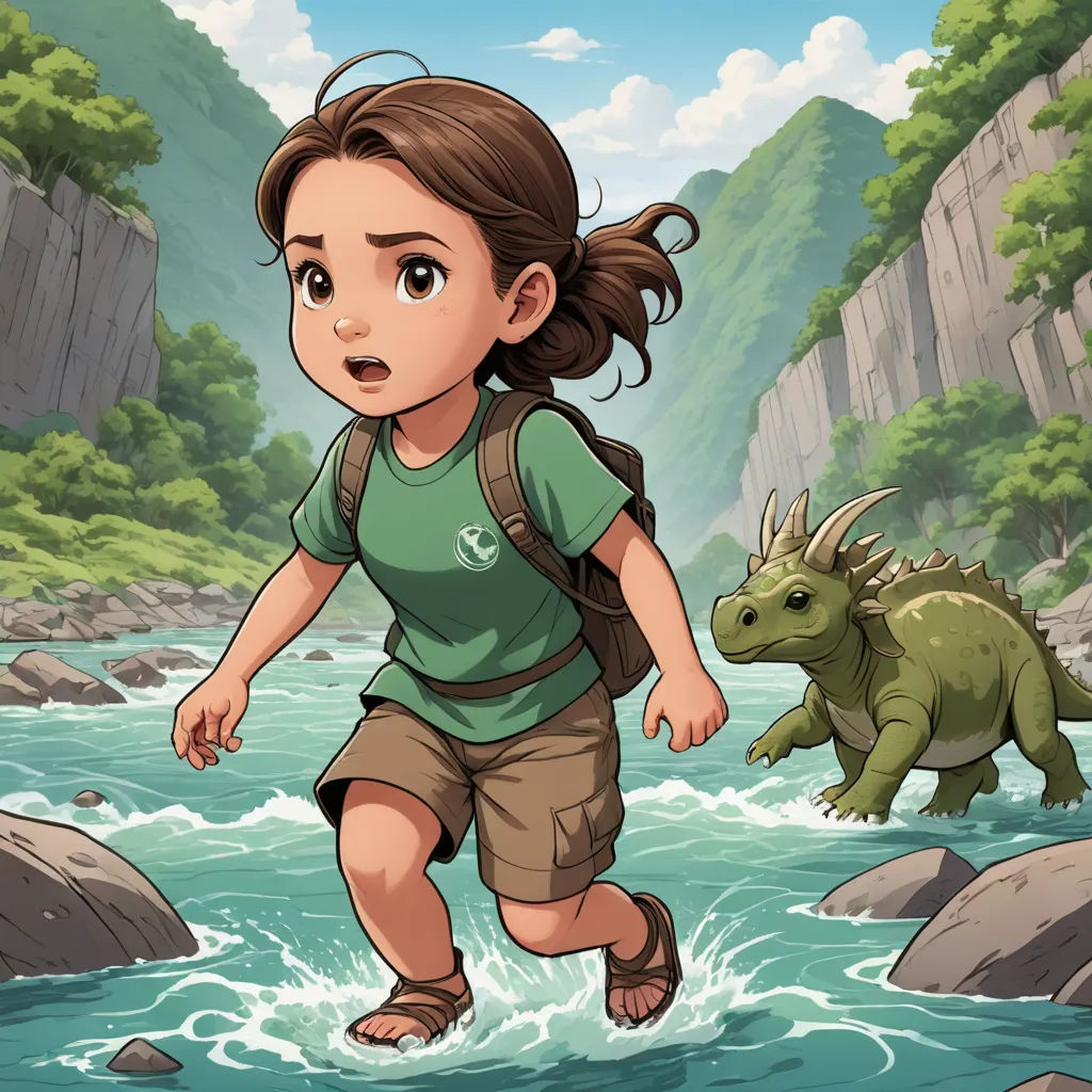 a girl is running through the water with a dinosaur in the background and a mountain in the background with a river running through it, fantasy art, a storybook illustration, Cliff Childs, key art