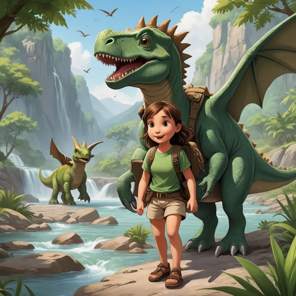 a girl and a dinosaur in a jungle scene with a waterfall and a waterfall behind them, and a waterfall in the background, fantasy art, a storybook illustration, Clint Cearley, rossdraws global illumination