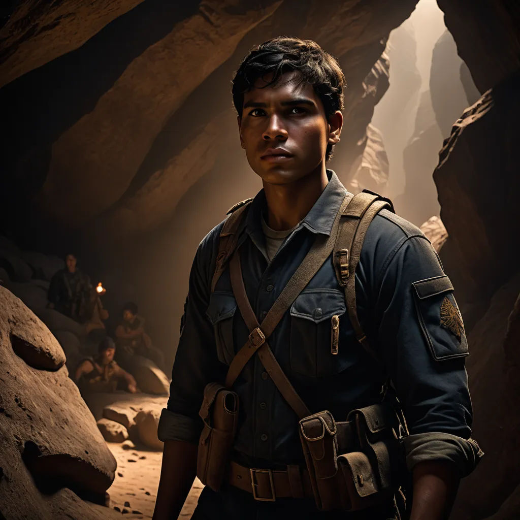 a man in a cave with a backpack on his back and a flashlight in his hand, standing in front of a cave, samikshavad, poster art, Abidin Dino, promotional image