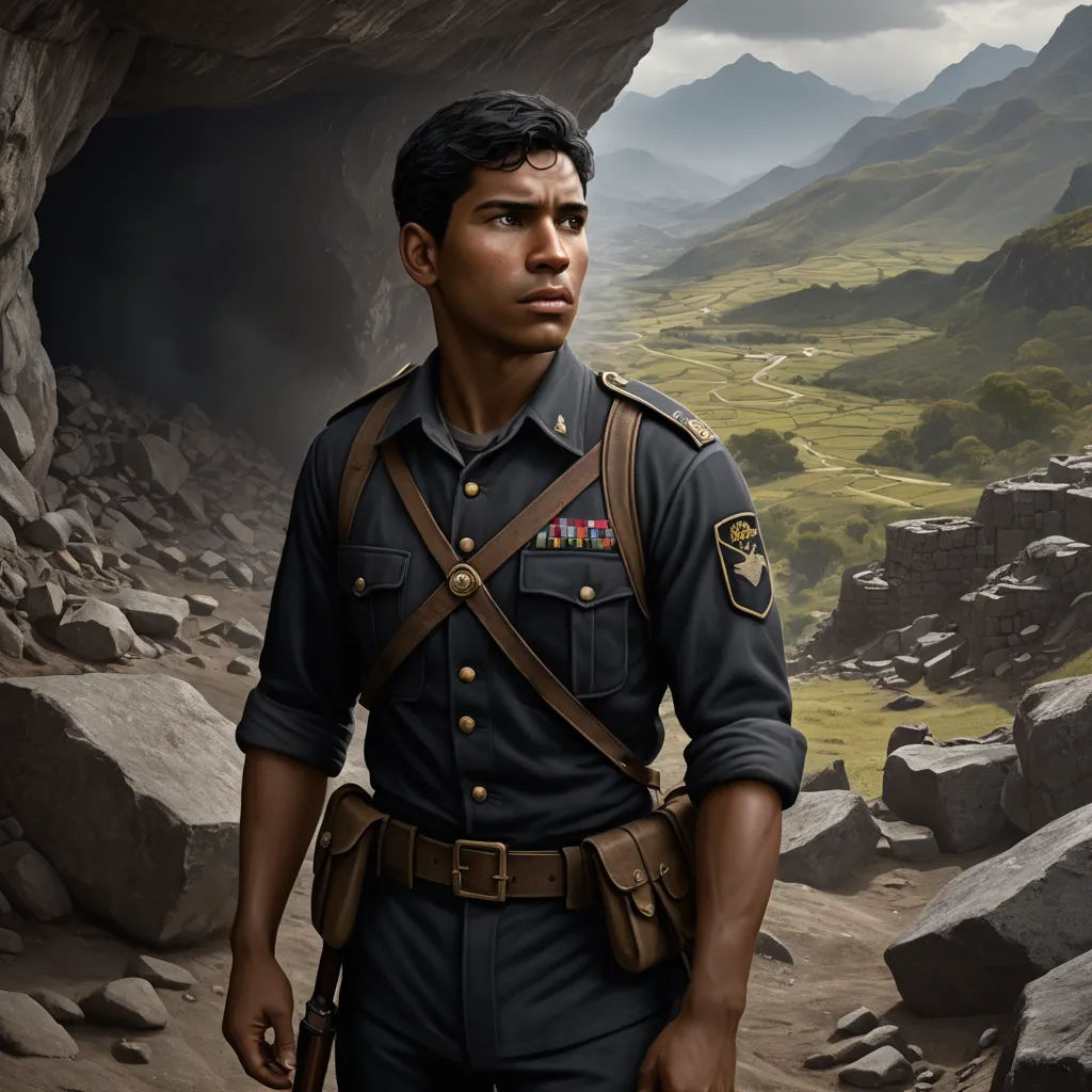 a man in a uniform standing in a cave with mountains in the background and a valley in the background, sots art, a character portrait, Clint Cearley, character portrait