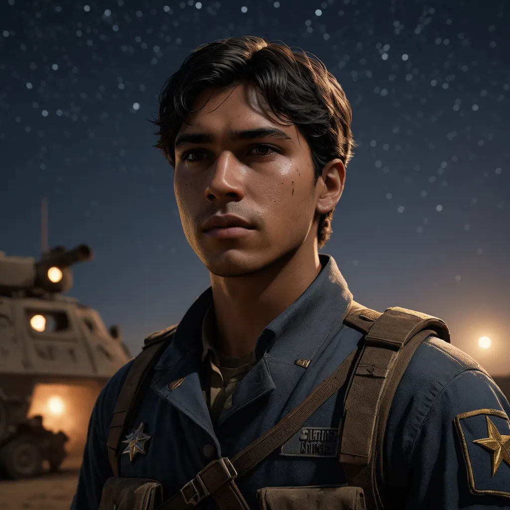 a man in uniform standing in front of a tank at night with stars in the sky above him and a vehicle in the background, photorealism, a character portrait, Everett Warner, unreal engine 5 highly rendered