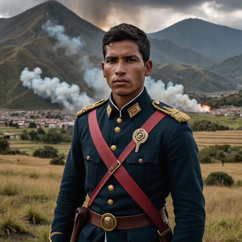 a man in uniform standing in front of a mountain range with smoke coming out of the mountains behind him, quito school, a character portrait, Federico Uribe, promotional image
