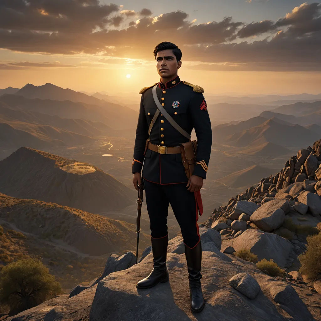 a man in uniform standing on a mountain top at sunset with a rifle in hand and a mountain range in the background, qajar art, concept art, Eddie Mendoza, unreal engine 5 highly rendered