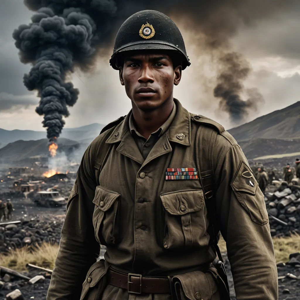 a man in a uniform standing in front of a large plume of smoke and black smoke coming out of a mountain, american realism, a character portrait, Derold Page, cinematic photography