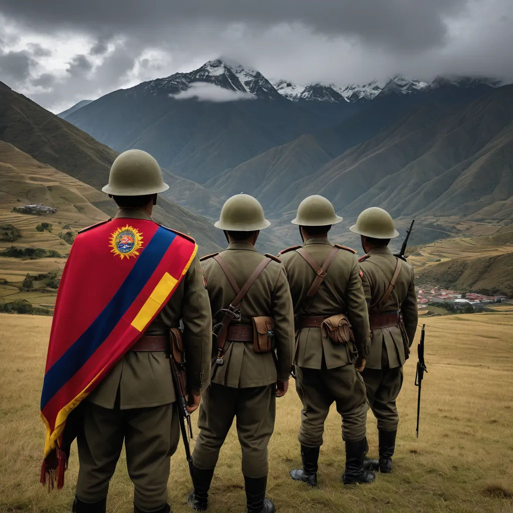 a group of soldiers standing in a field with mountains in the background and a cloudy sky above them,, primitivism, a detailed matte painting, Fang Congyi, award-winning photograph