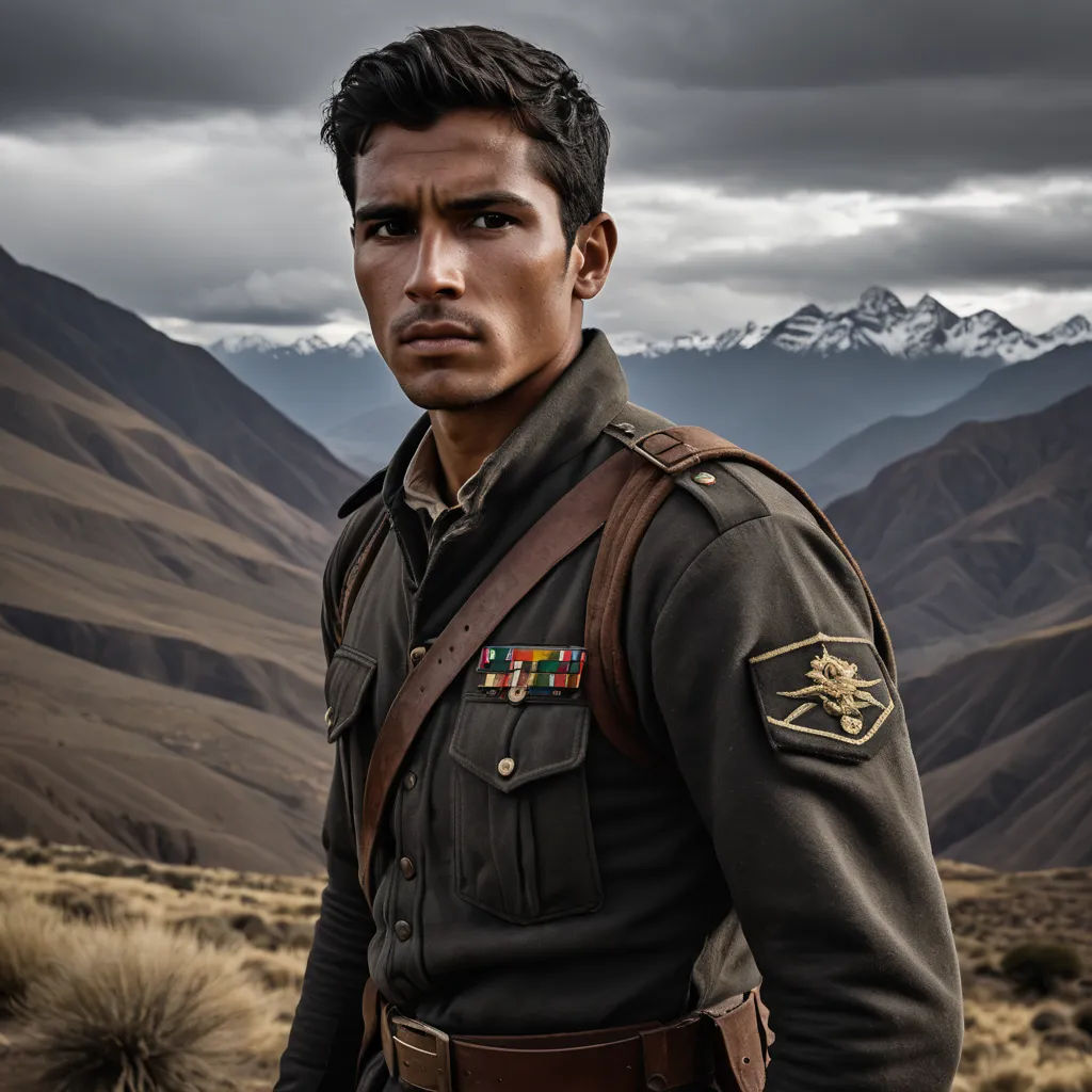 a man in uniform standing in front of mountains and clouds with a mountain range in the background and a cloudy sky, tachisme, a character portrait, Eddie Mendoza, cinematic photography