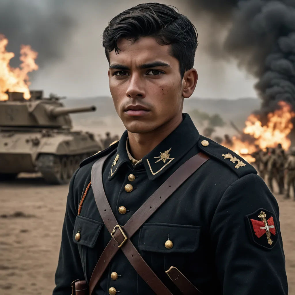 a man in uniform standing in front of a tank with flames coming out of it and a lot of people in the background, dau-al-set, a character portrait, Daryush Shokof, promotional image
