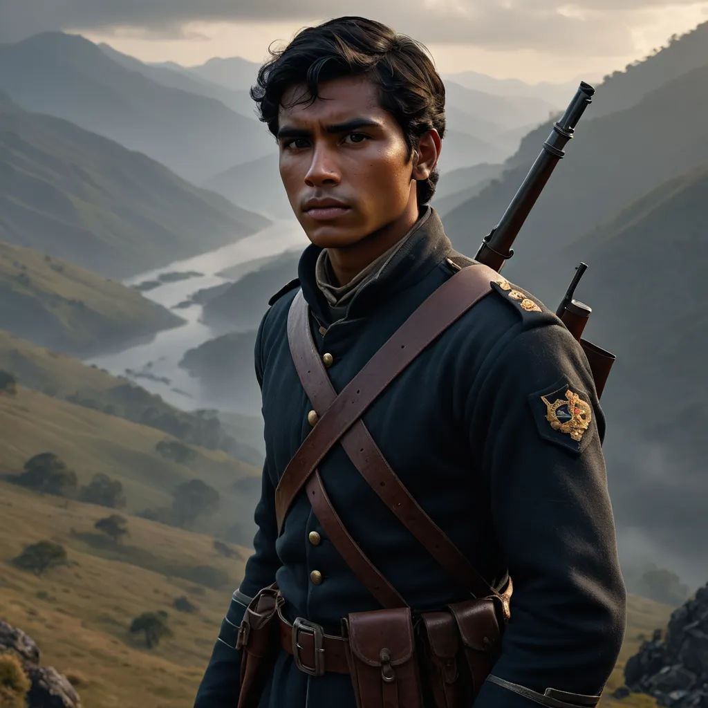 a man in uniform standing in a valley with mountains in the background and a river running through the valley, pre-raphaelitism, a character portrait, Eugene Montgomery, promotional image