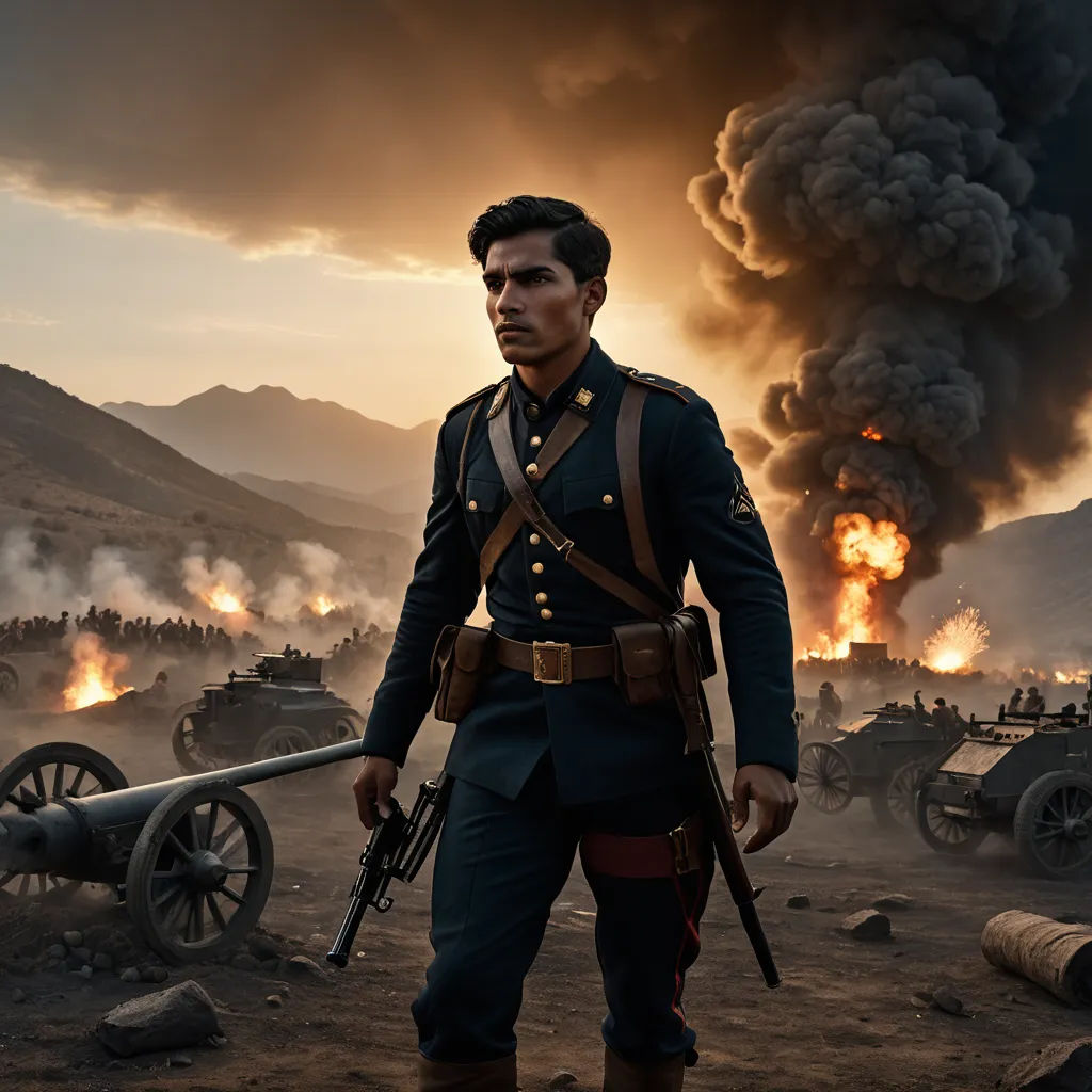 a man in uniform standing in front of a large fire filled field with tanks and men in uniforms with guns, serial art, a poster, Erik Pevernagie, promotional image