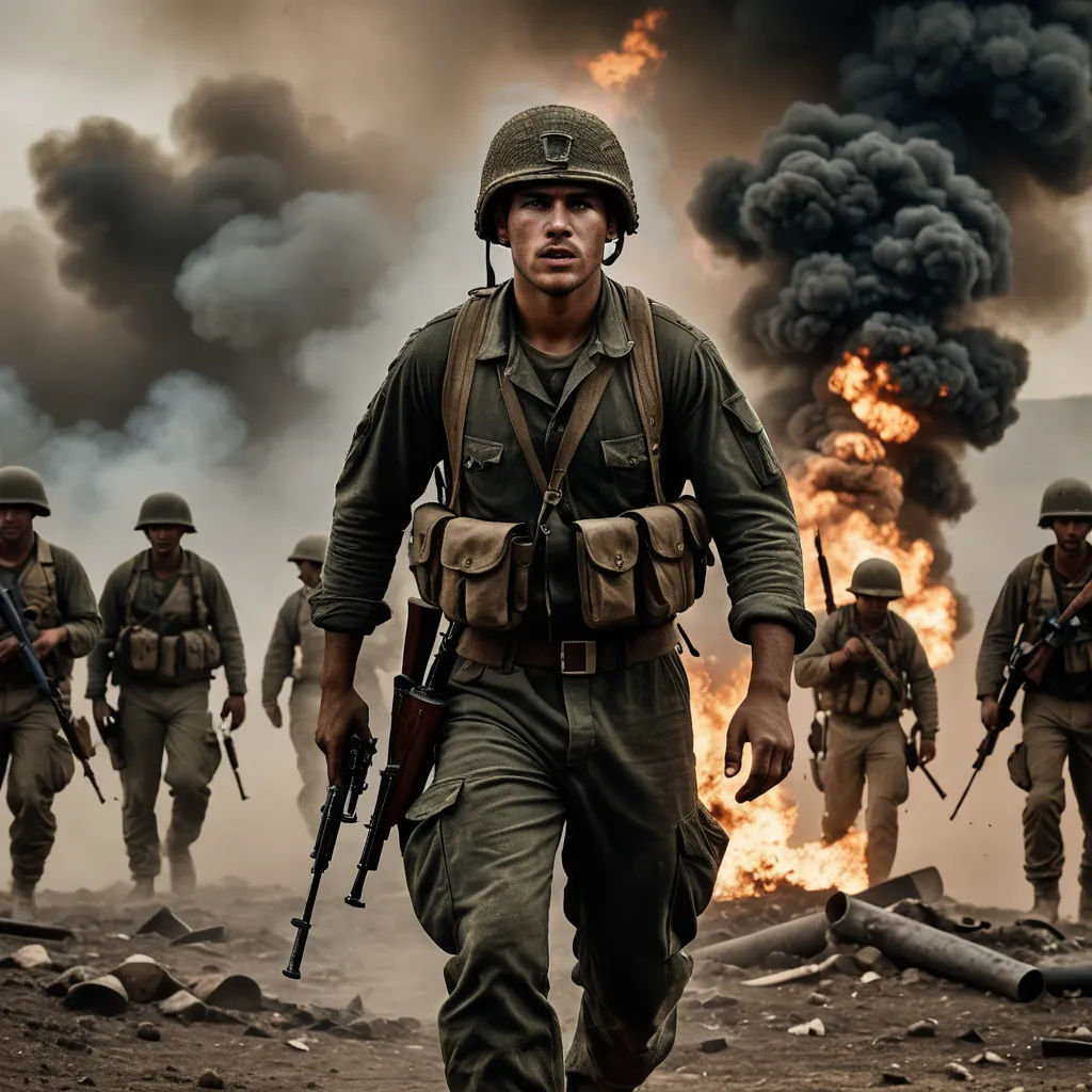 a group of soldiers walking through a field with a lot of smoke in the background and a fire in the air, dau-al-set, a detailed matte painting, Avgust Černigoj, imax 70 mm footage