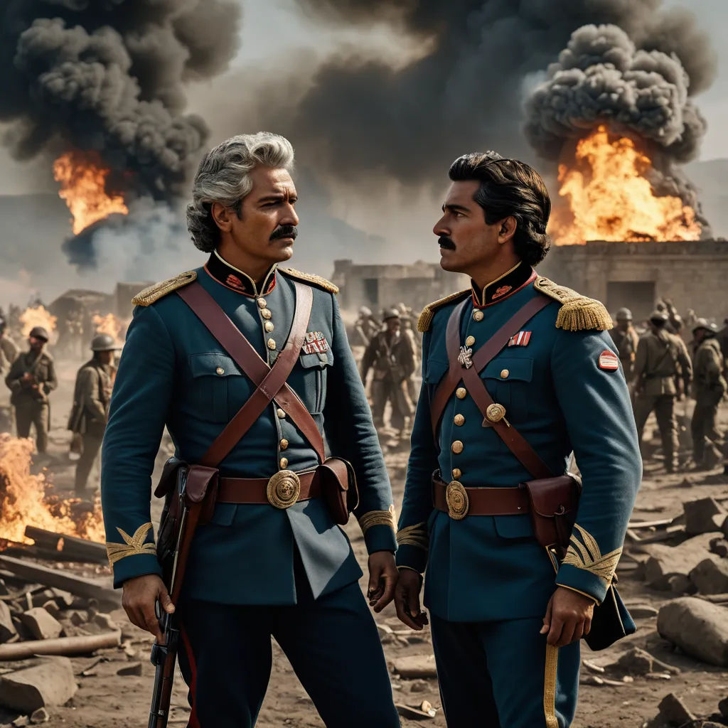 two men in uniforms standing in front of a fire with smoke billowing out of the sky behind them, qajar art, a poster, Daryush Shokof, vfx
