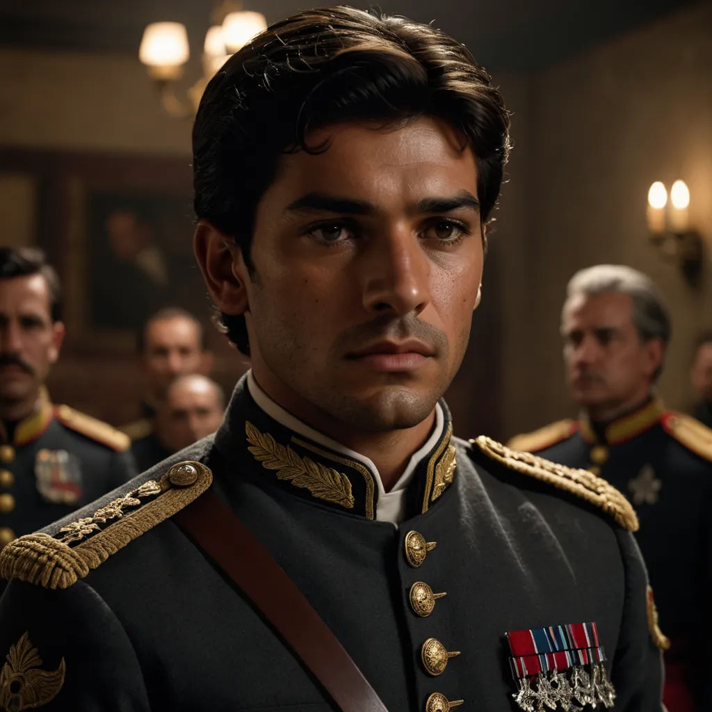 a man in a uniform standing in front of other men in uniform in a room with lights on the ceiling, qajar art, a character portrait, Alonso Vázquez, promotional image