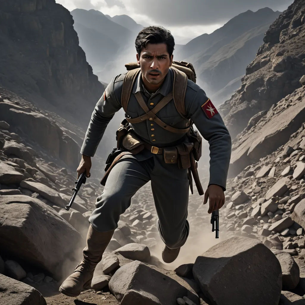 a man in a military uniform is running through the mountains with a gun in his hand and a backpack on his back, arabesque, a detailed matte painting, Amir Zand, vfx