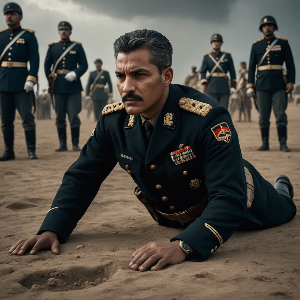 a man in uniform laying on the ground in front of other men in uniform and onlookers, qajar art, a poster, Daryush Shokof, vfx