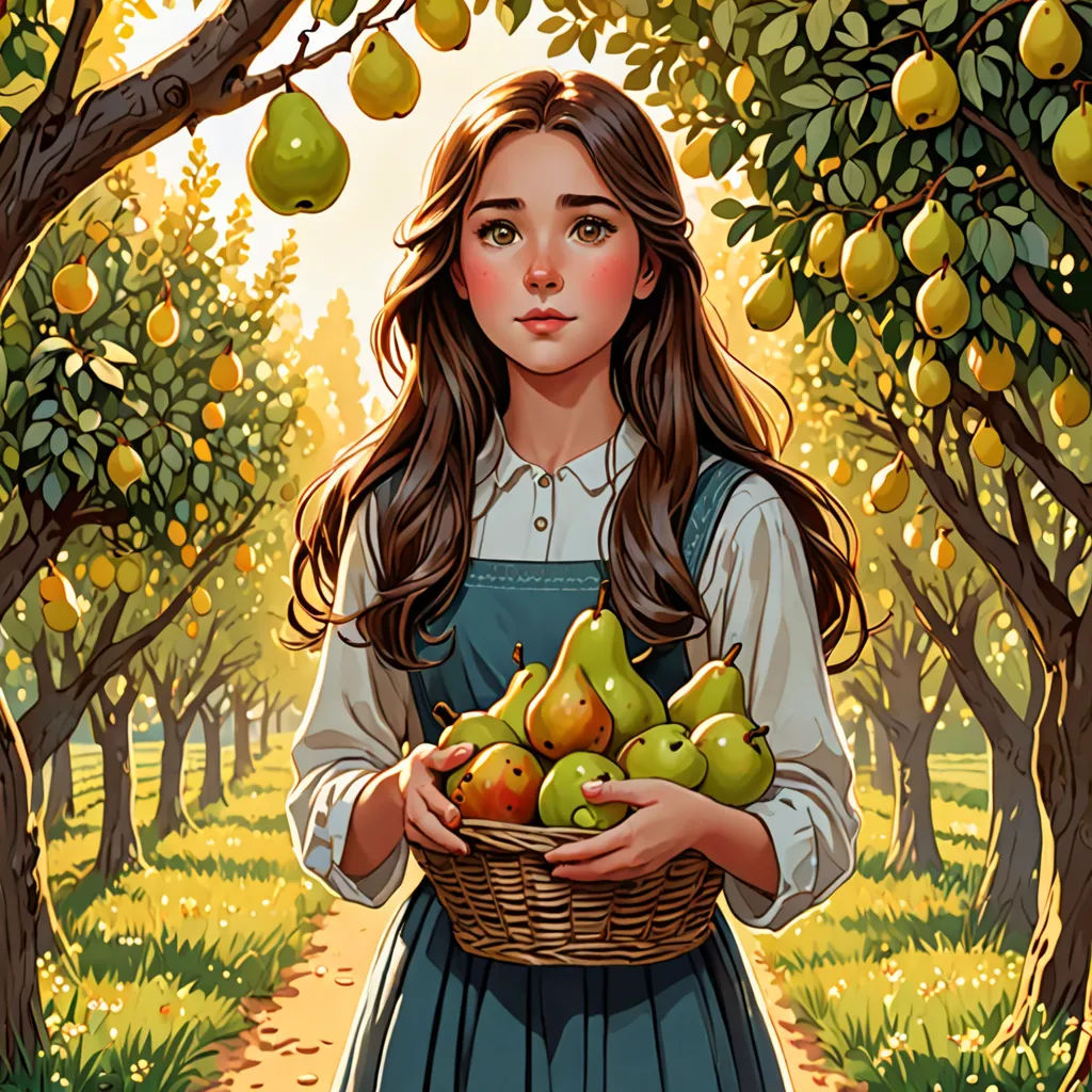 a painting of a girl holding a basket of pears in a orchard with trees and grass in the background, fantasy art, a storybook illustration, Aaron Jasinski, trending on art station