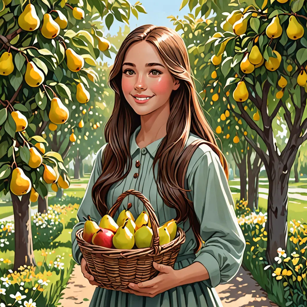 a painting of a girl holding a basket of fruit in a park with lemon trees in the background and a path leading to the park, lyco art, a character portrait, Colin Middleton, promotional image