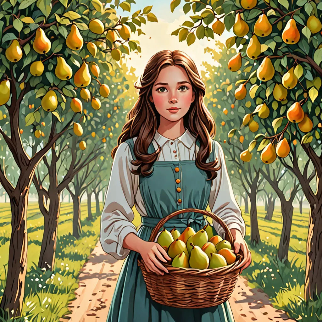 a painting of a girl holding a basket of apples in a orchard with trees and a path leading to the orchard, synthetism, a storybook illustration, Colin Middleton, detailed illustration