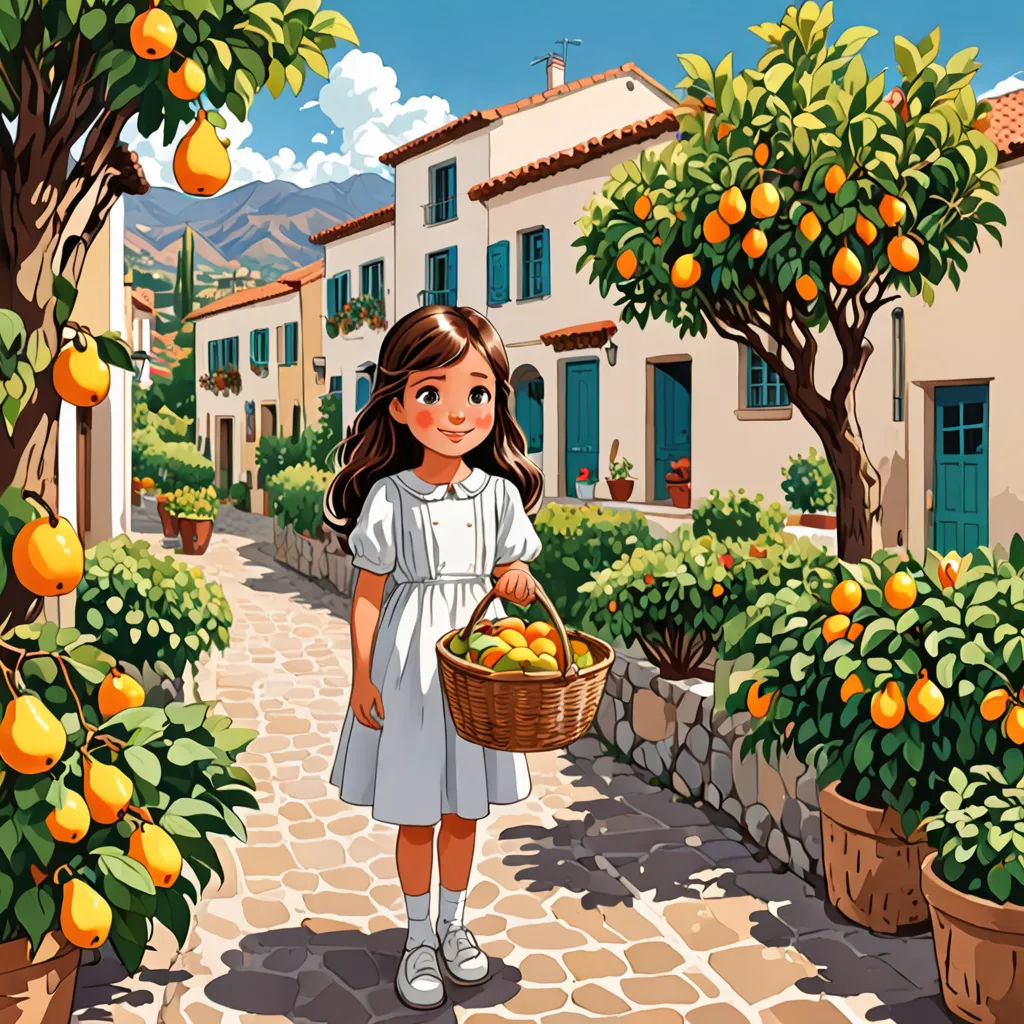a girl holding a basket of fruit in a courtyard of a house with orange trees and oranges on the trees, lyco art, a storybook illustration, Colin Middleton, storybook illustration