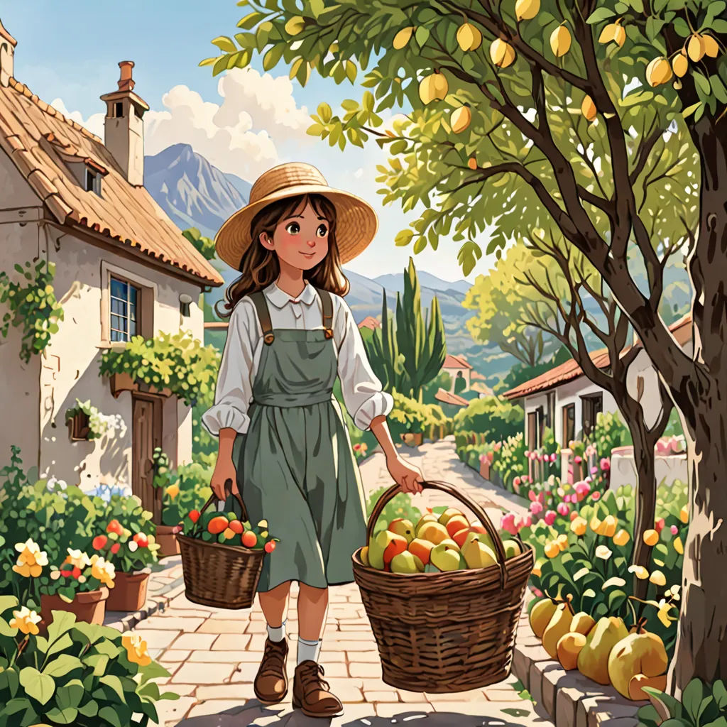 a painting of a girl holding a basket of fruit in a garden with a house in the background and a tree in the foreground, synthetism, a storybook illustration, Colin Middleton, official art