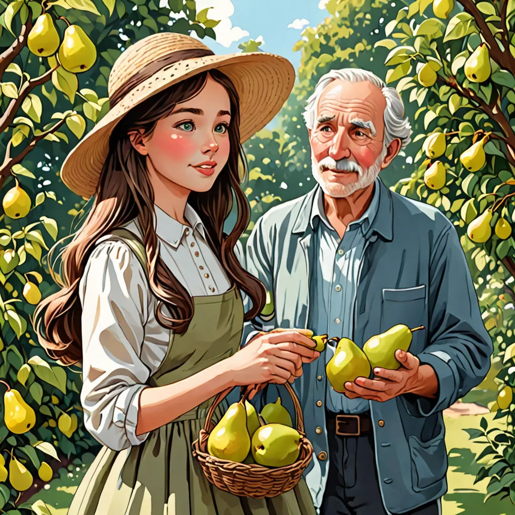 a painting of a man and a woman holding pears in a orchard with trees in the background and a man holding a basket of pears, synthetism, a storybook illustration, Bourgeois, detailed illustration