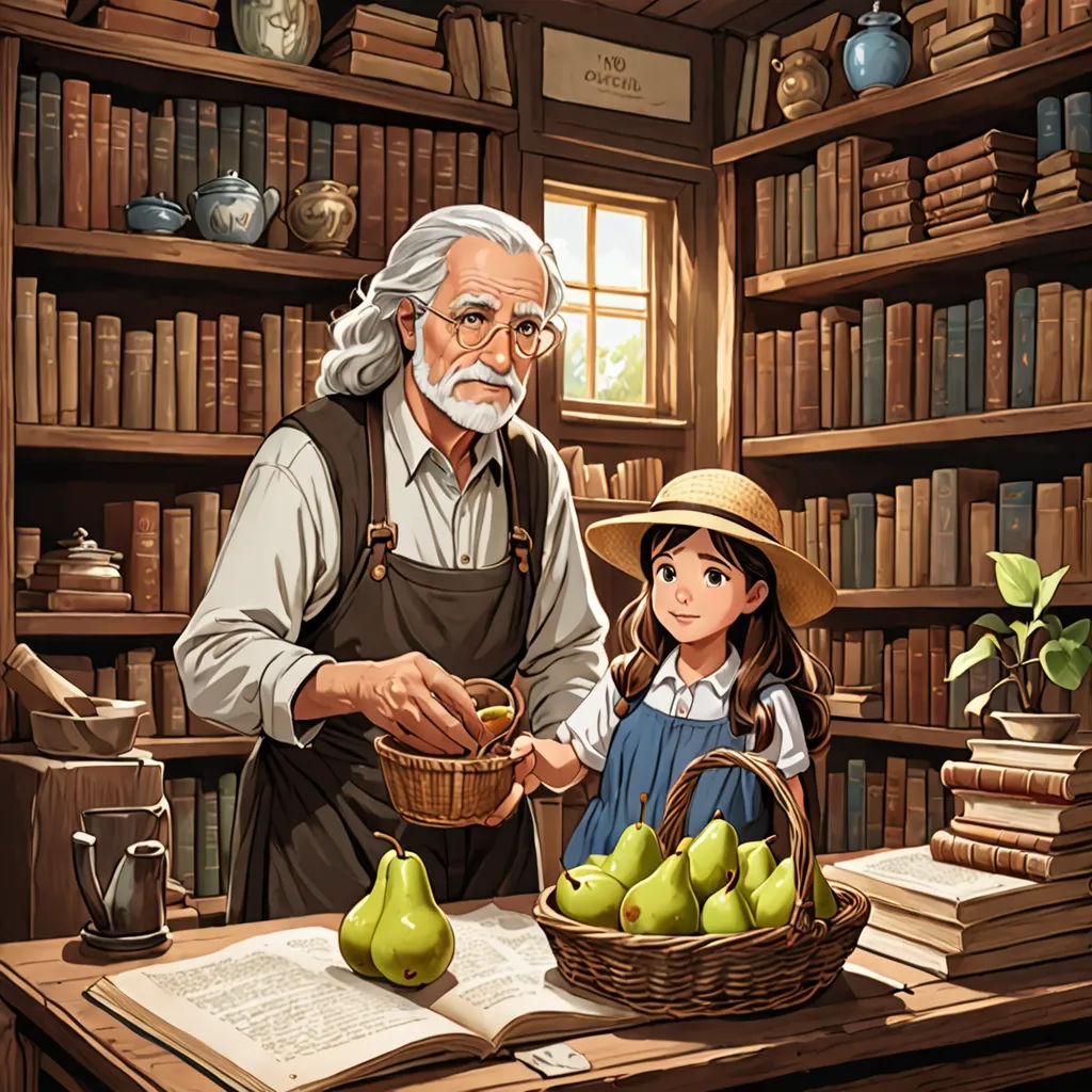 a man and a little girl standing in front of a book shelf filled with books and pears in a basket, fantasy art, a storybook illustration, Cliff Childs, storybook illustration