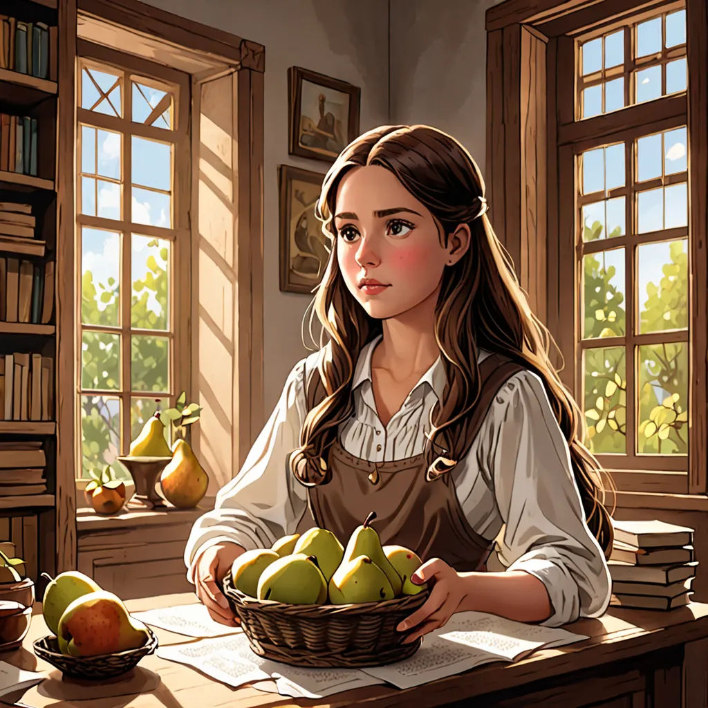 a painting of a girl holding a basket of pears in a library with a window behind her and a bookcase in the background, fantasy art, a storybook illustration, Clarice Beckett, storybook illustration