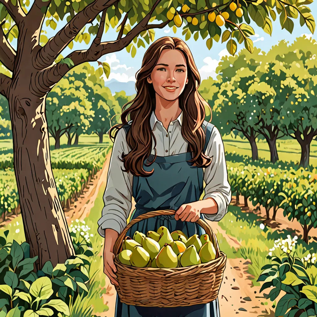 a woman holding a basket of apples in a field next to a tree and a dirt road with a dirt path, american realism, a character portrait, Colin Middleton, promotional image