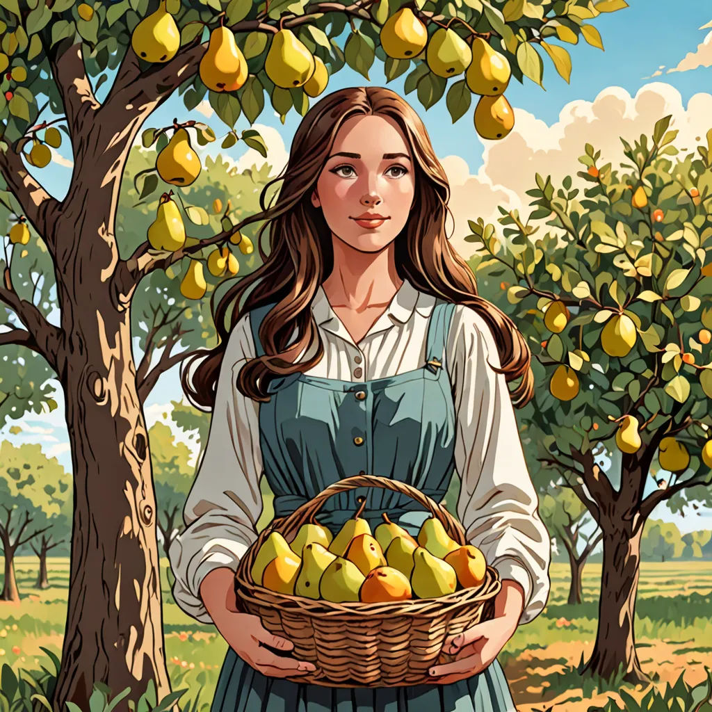 a woman holding a basket of apples in a field next to a tree with apples on it and a sky background, synthetism, a storybook illustration, Colin Middleton, detailed illustration