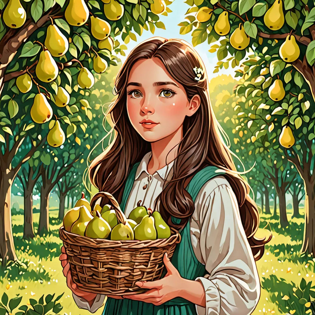 a painting of a girl holding a basket of apples in a orchard with trees and grass in the background, fantasy art, a storybook illustration, Colin Middleton, trending on art station