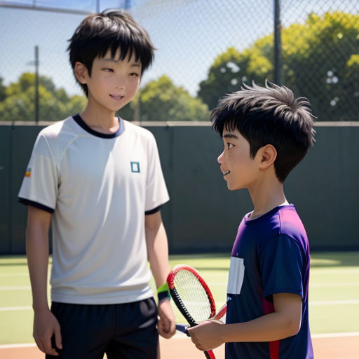 two young boys standing on a tennis court holding racquets and smiling at each other with a tennis court in the background