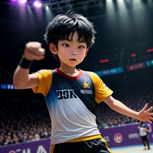 a young boy is playing a game of basketball in a stadium with a crowd watching him and his hands are in the air