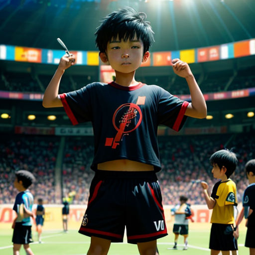 a young boy is standing on a soccer field with his hands up in the air and a referee's shirt on