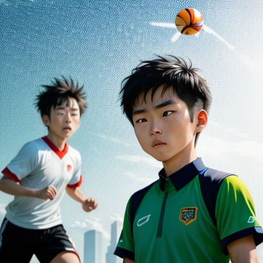 two young men are playing basketball in the air with a ball in the air above them, and a city in the background