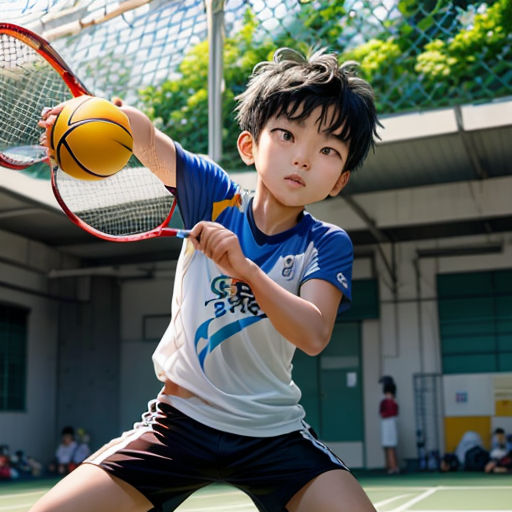 a young boy holding a tennis racket and a ball in his hand on a tennis court with a net