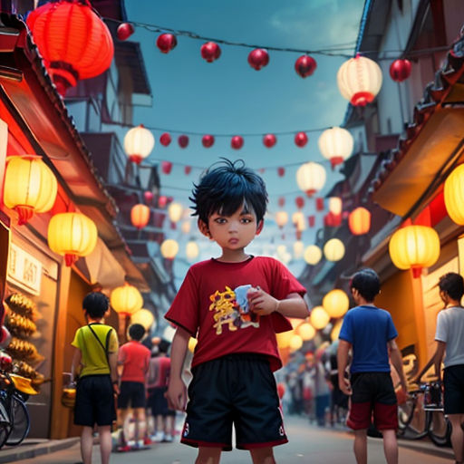 a boy standing in the middle of a street with lanterns hanging above him and a woman standing on the sidewalk