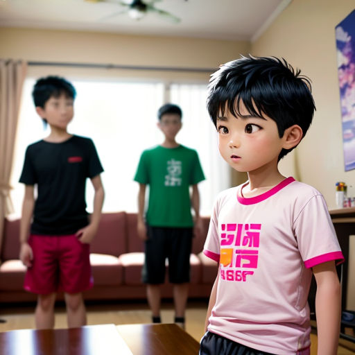 a young boy standing in front of a table with a remote control in his hand and two other boys standing behind him