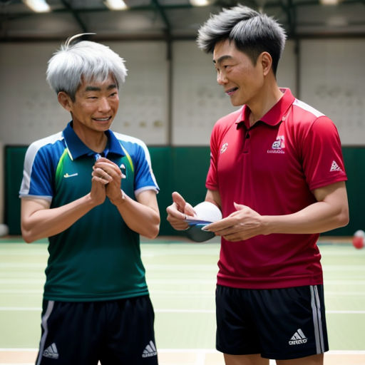 two asian men standing on a tennis court holding tennis balls and a racket in their hands and laughing