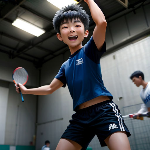 a young boy holding a tennis racquet in his hand and smiling at the camera while another man watches