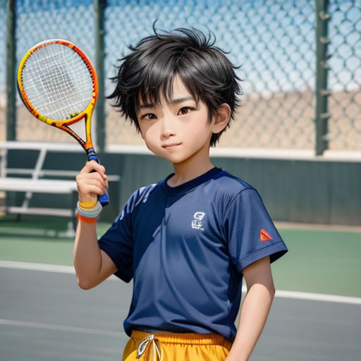 a young boy holding a tennis racket on a tennis court in front of a fenced in area