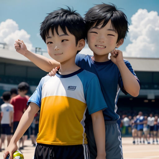 two young boys standing next to each other on a tennis court with a crowd of people in the background