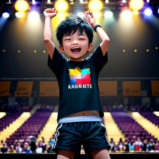 a young boy is standing on a basketball court with his hands up in the air and his arms are in the air