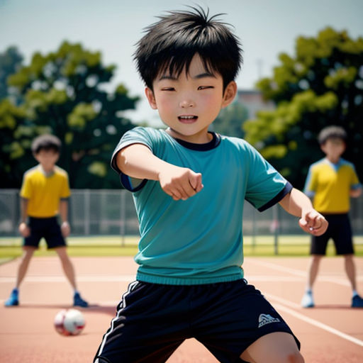 a young boy is playing soccer on a court with other young boys in the background, one of them is pointing