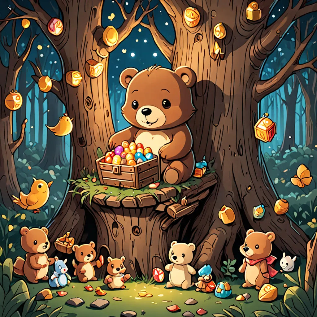 a cartoon bear sitting on a tree stump with other bears around it and a lantern in the background with a sky full of stars, fantasy art, a storybook illustration, Chris LaBrooy, highly detailed digital art
