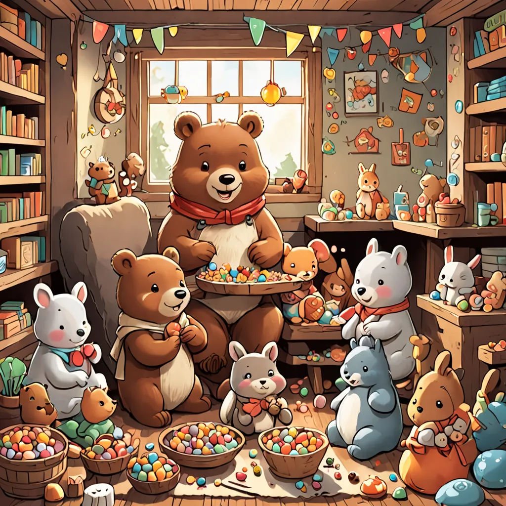 a painting of a bear surrounded by stuffed animals and a basket of candy in a library with a window, furry art, a storybook illustration, Chris LaBrooy, official art