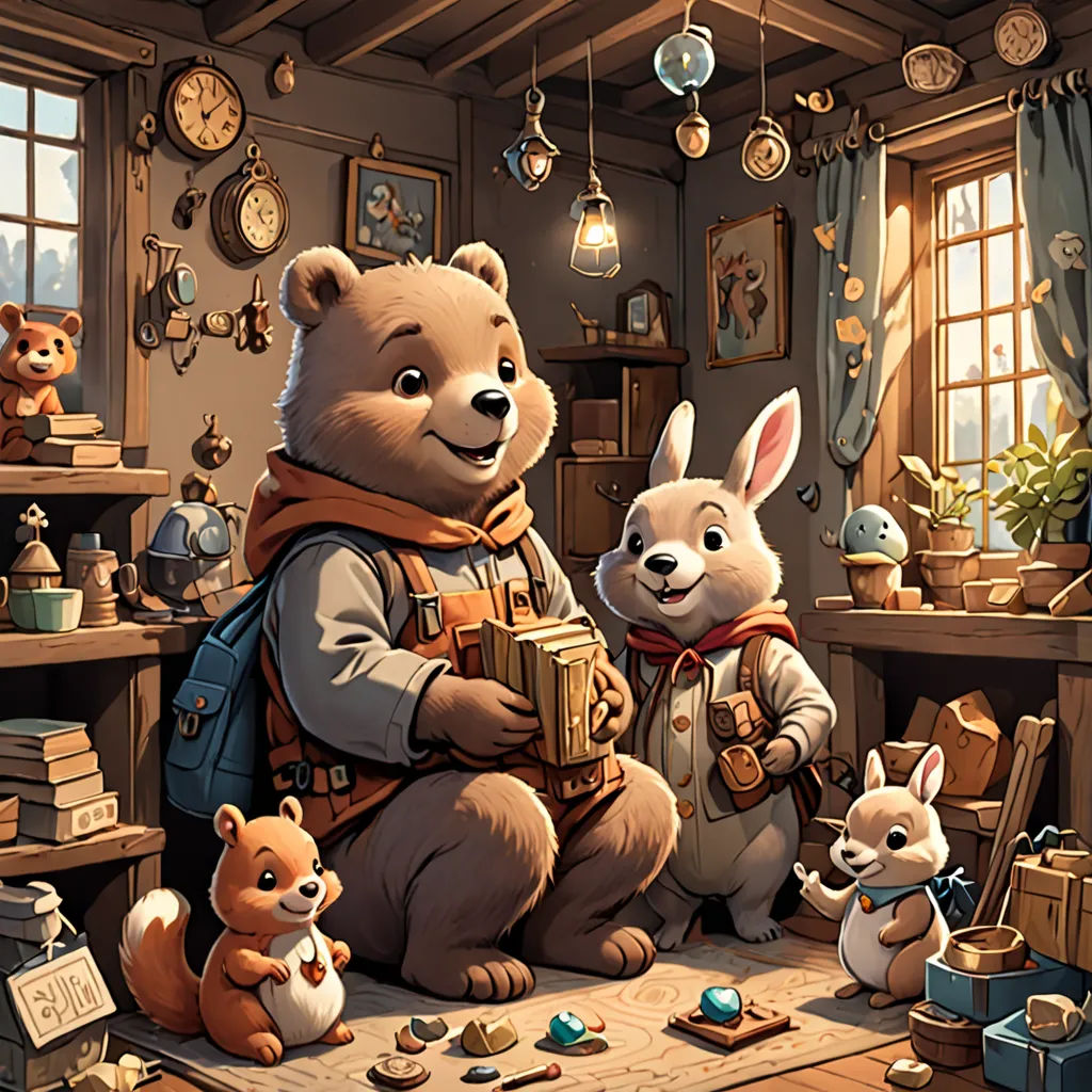 a painting of a bear and two rabbits in a room with clocks and other items on the walls and floor, fantasy art, a storybook illustration, Chris LaBrooy, official art