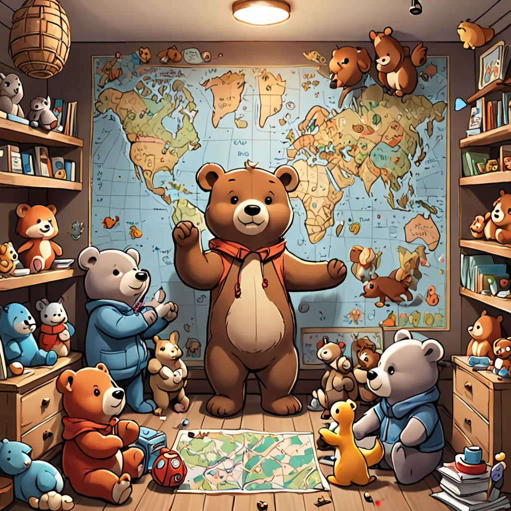 a group of teddy bears standing in a room with a map on the wall and a map on the wall, furry art, a storybook illustration, Chris LaBrooy, official art