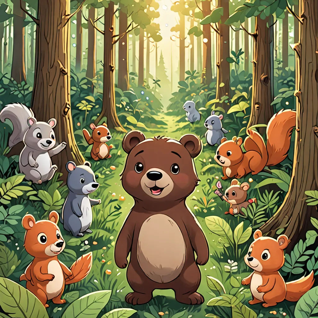 a bear surrounded by other animals in a forest with sunlight shining through the trees and leaves on the ground, sots art, a storybook illustration, Chris LaBrooy, promotional image