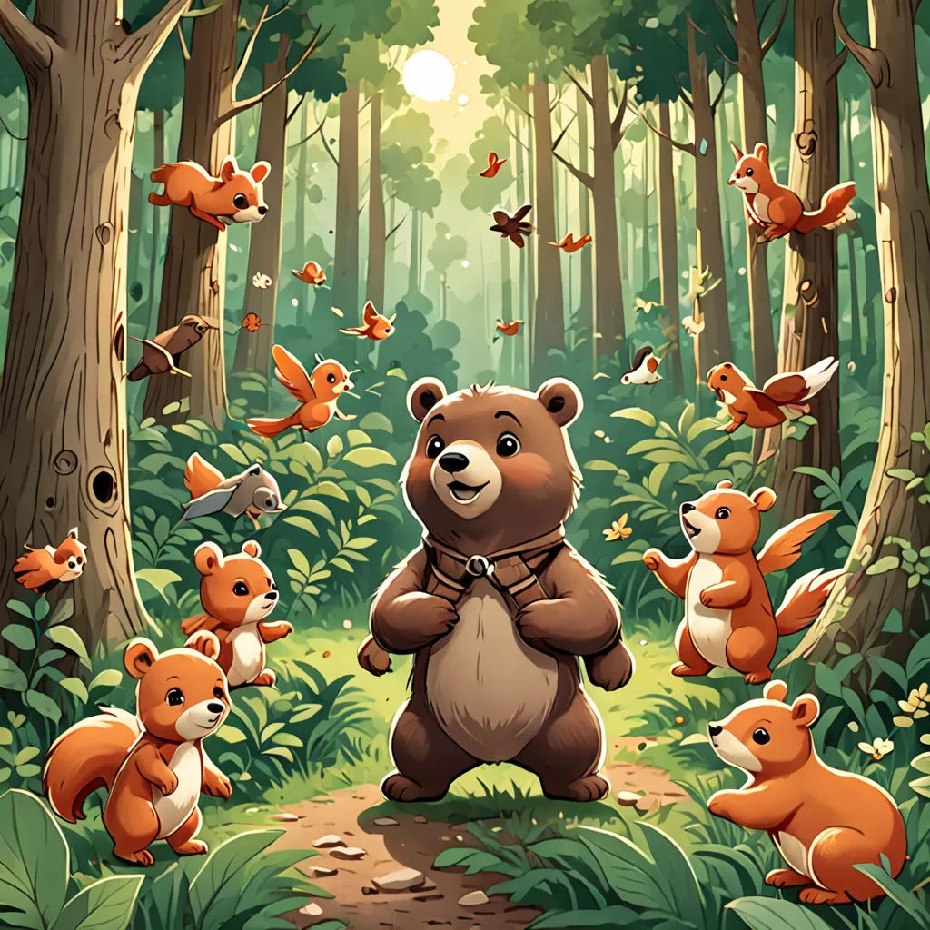 a bear standing in the middle of a forest with other animals around him and a forest background with trees and leaves, furry art, a storybook illustration, Chris LaBrooy, official art